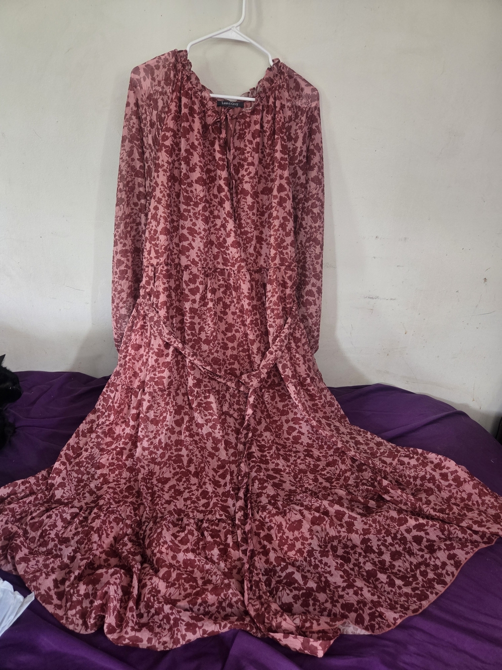 Floral Long Sleeve Tiered Maxi Dress - Dusty Rose & Burgundy